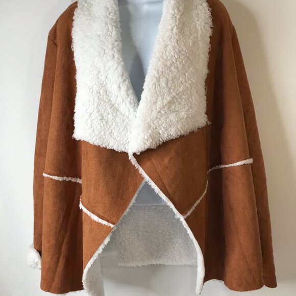 Women's  Faux Suede Open Front Sherpa Lined Wrap Jacket - Picture 1 of 8
